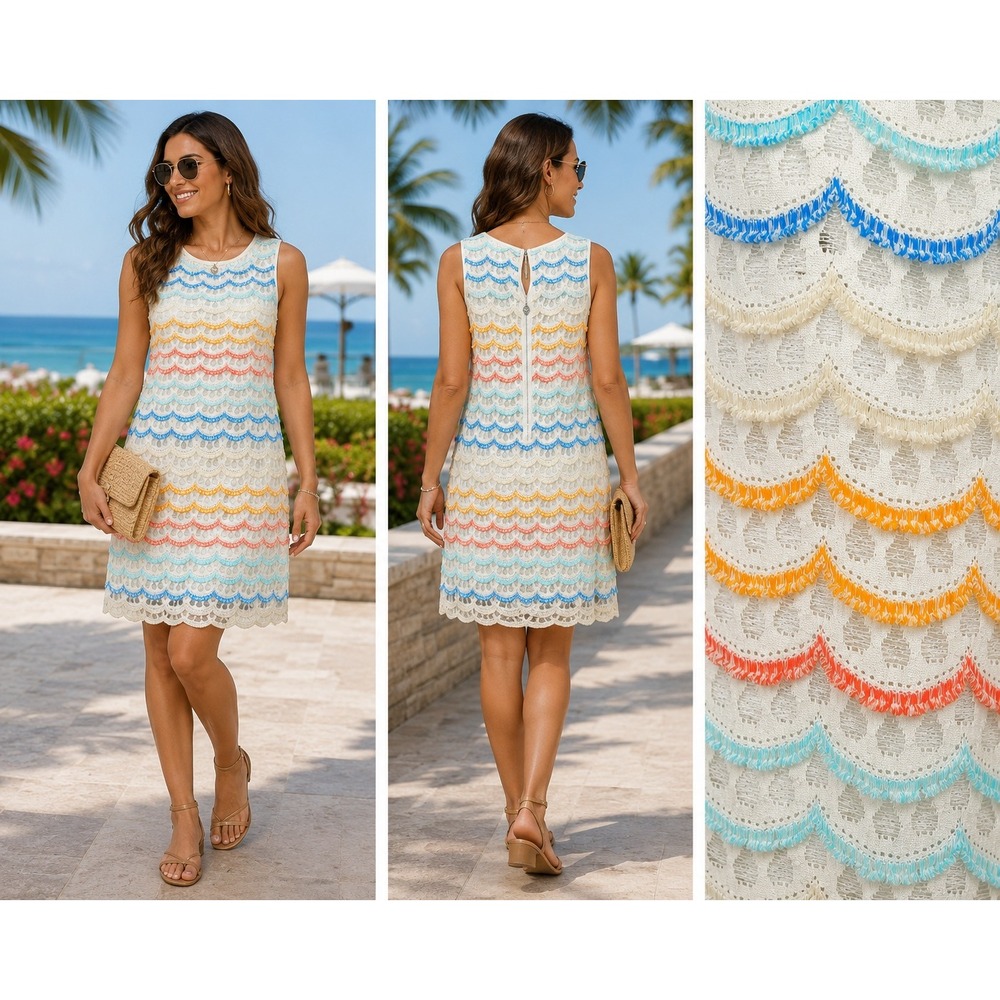 Antonio Melani Fringe Scallop‎ Lace Dress 14 Multicolor Sleeveless Coastal Chic